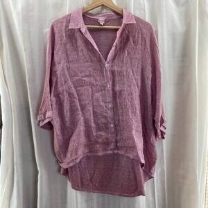 120% Lino Women's Oversized Linen Button Front Shirt Pink Mauve Hi-Low Hem Light
